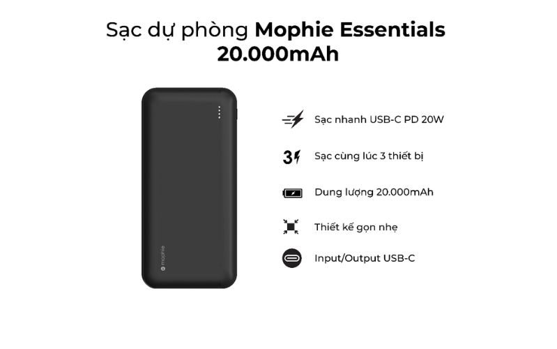 Sạc dự phòng Mophie Essentials 20.000mAh PD20W 2 USB-A 1 USB-C Các tính năng của pin sạc dự phòng
