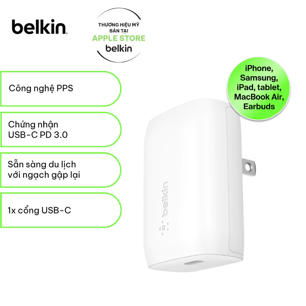 Cốc sạc Belkin USB-C 30W PD PPS Cốc cáp sạc nhanh chính hãng Belkin