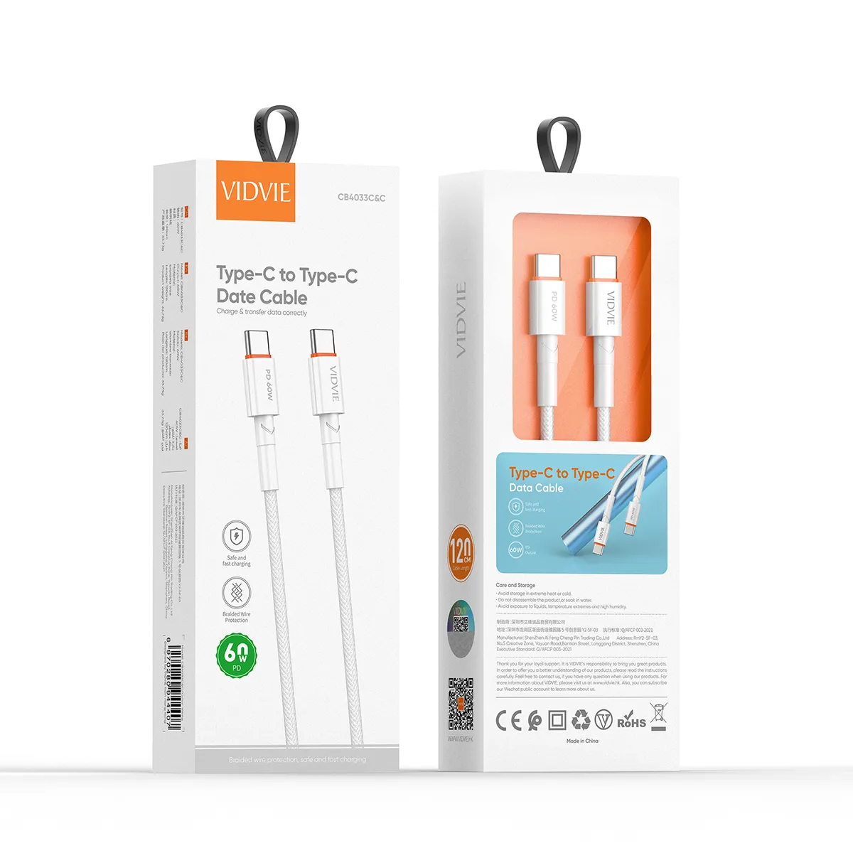 Cáp sạc VIDVIE Type C to C 60W 1.2M CB4033C-C 1