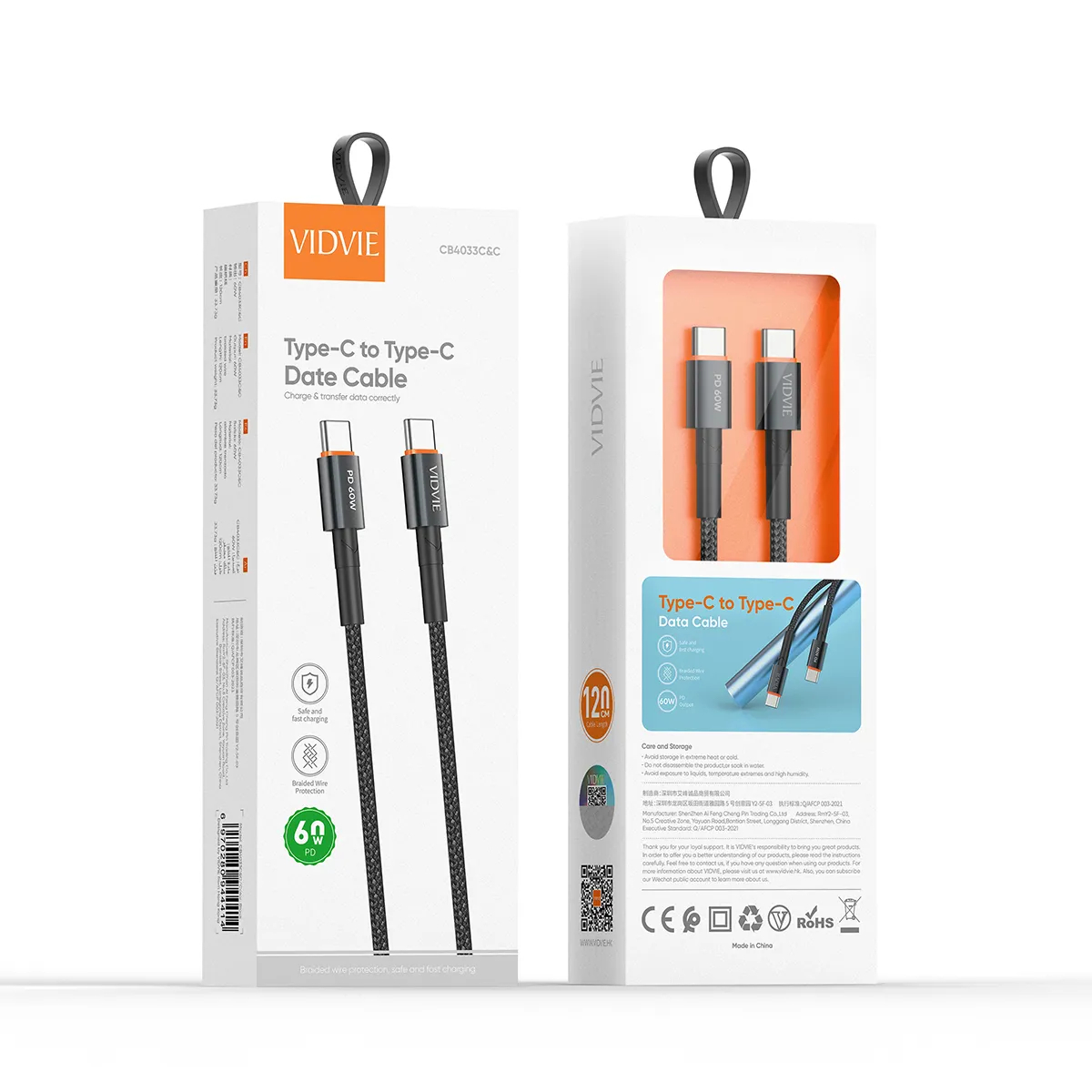 Cáp sạc VIDVIE Type C to C 60W 1.2M CB4033C-C 3