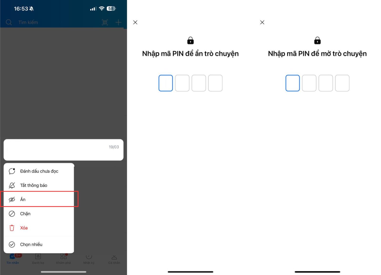 5. Ẩn cuộc trò chuyện bằng mã PIN riêng
