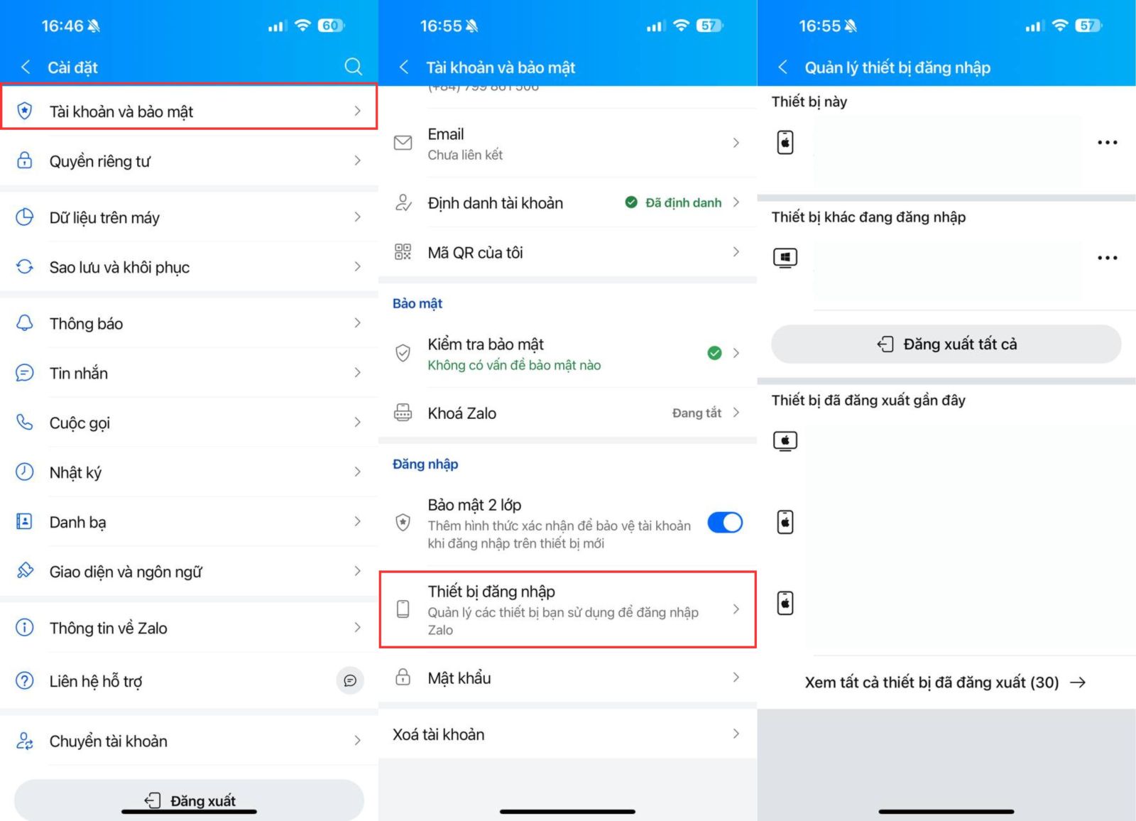 7. Kiểm tra thiết bị đã đăng nhập và đăng xuất từ xa