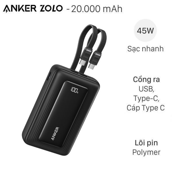 Sạc dự phòng Anker Zolo 20000mAh 30W 1A1C Tích Hợp Cáp C to L A1681  1