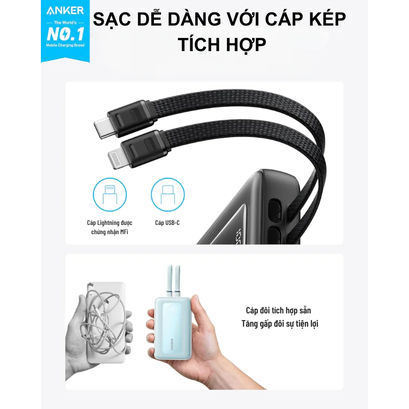 Sạc dự phòng Anker Zolo 20000mAh 30W 1A1C Tích Hợp Cáp C to L A1681 2