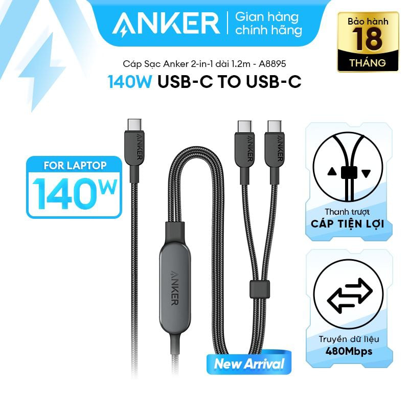 Cáp sạc nhanh Anker 2 in 1 Type-C to Type-C 140W Nylon 1.2M A8895H11 3
