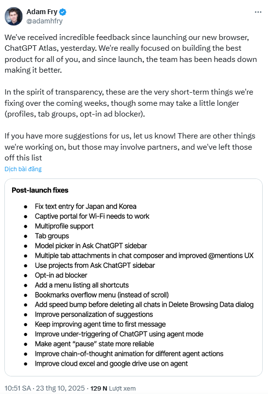 TOP 4 tính năng AI mới trên ChatGPT Atlas TOP 4 tính năng AI mới trên ChatGPT Atlas