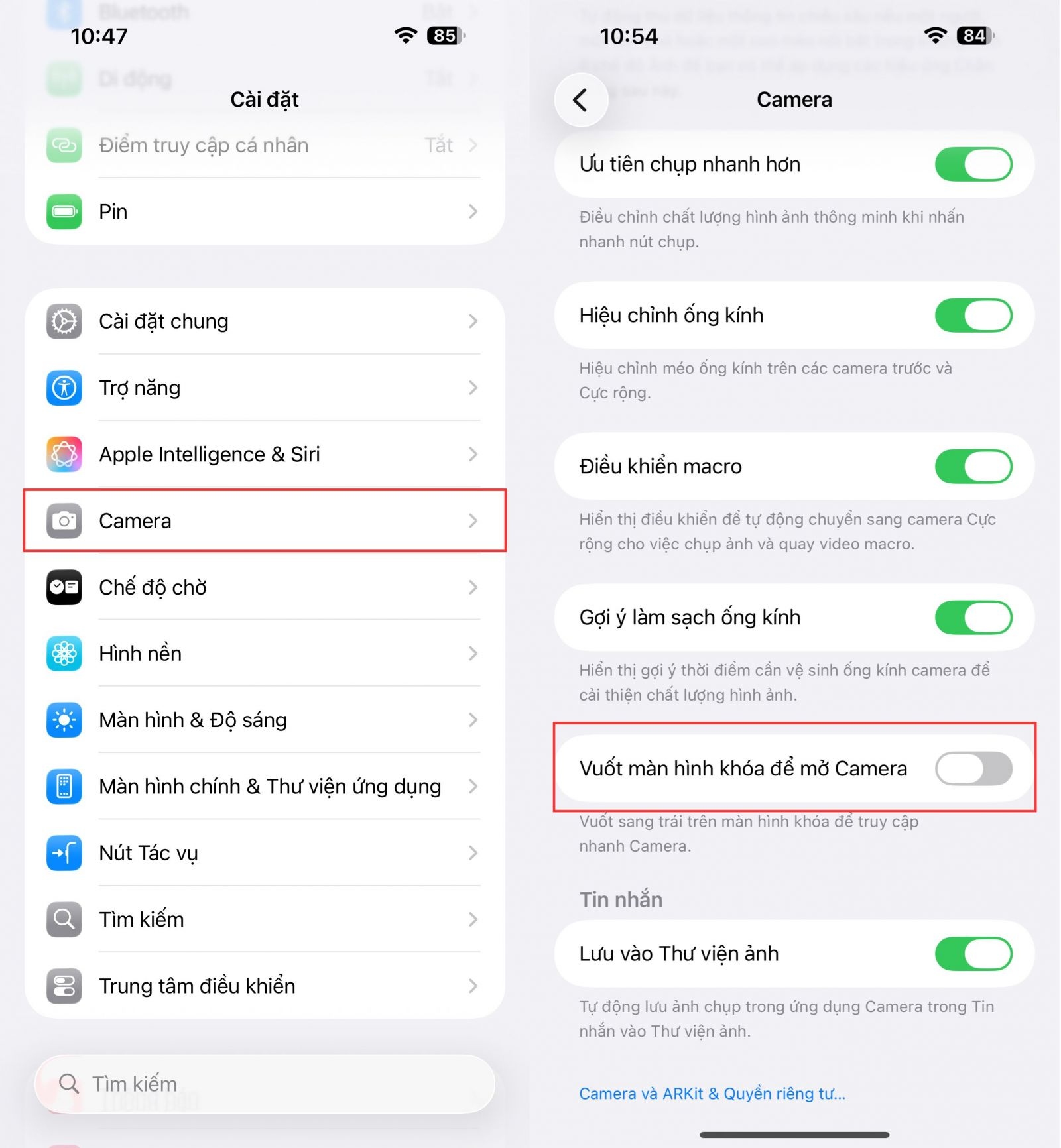 1.3. Tùy chọn tắt thao tác vuốt mở Camera từ màn hình khóa