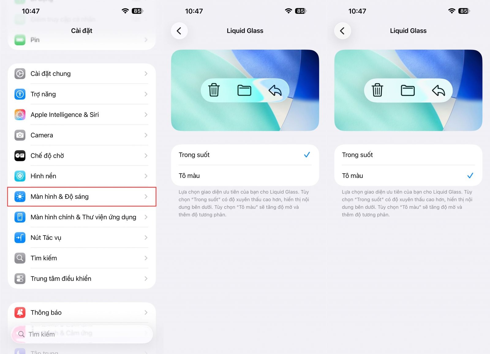 1.2. Giao diện Liquid Glass: Tùy chỉnh chiều sâu và cảm giác hiển thị