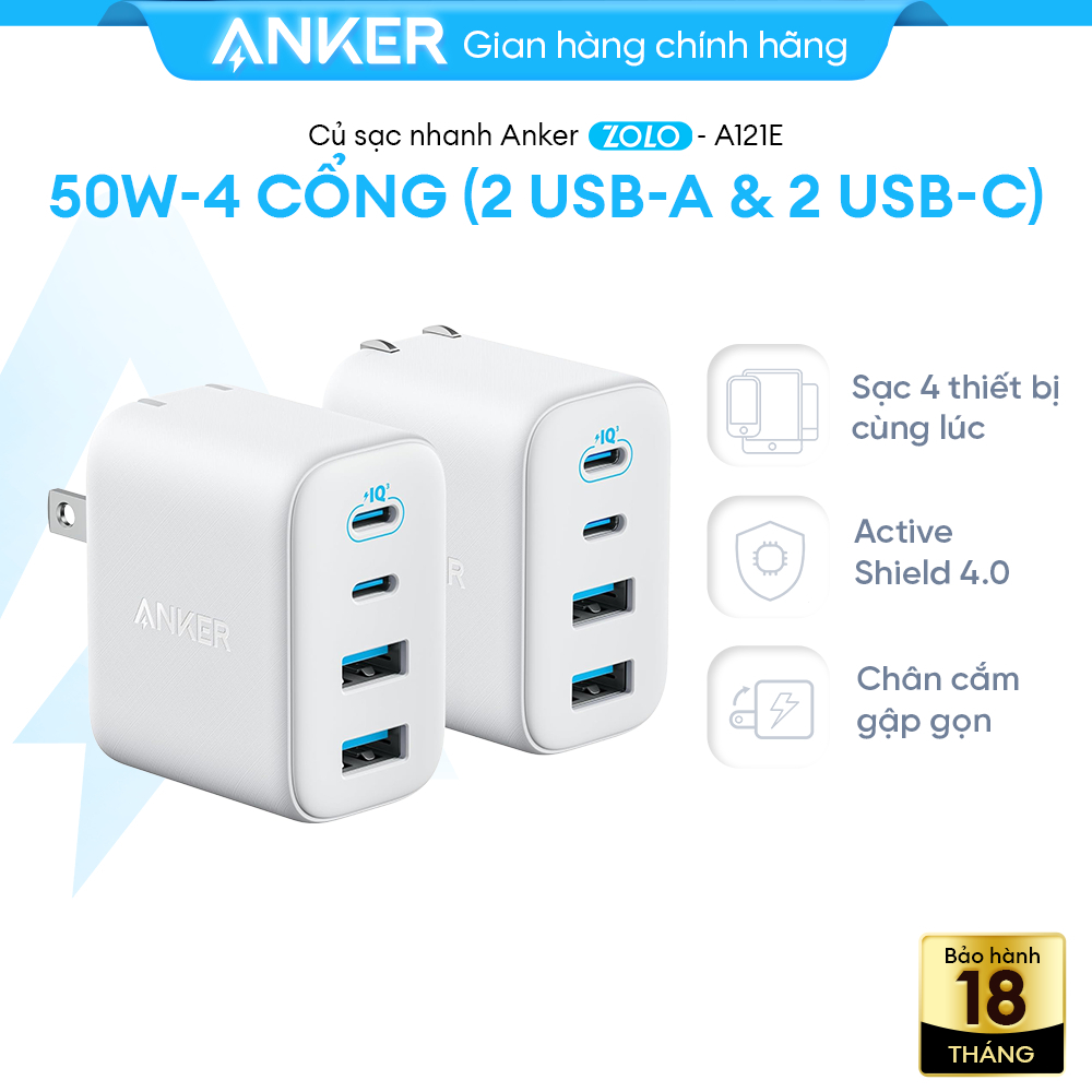 Cốc sạc Anker Zolo 2C2A 50W A121E 4 Cốc sạc Anker Zolo 2C2A 50W A121E 4