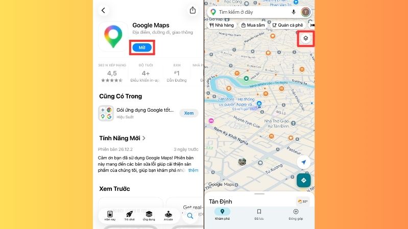 Bước 1: Mở ứng dụng Google Maps trên điện thoại của bạn. Nhấn vào biểu tượng Lớp bản đồ (hình thoi xếp chồng) ở góc trên bên phải màn hình.