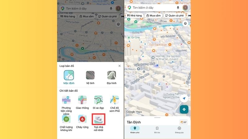 Bước 2: Trong mục Chi tiết bản đồ, hãy nhấn chọn Tòa nhà nổi khối. Thoát bảng điều khiển, sau đó dùng 2 ngón tay đặt song song lên màn hình và vuốt nhẹ từ dưới lên trên. Lúc này, các tòa nhà sẽ nổi lên theo hiệu ứng 3 chiều. Bạn có thể dùng hai ngón tay để xoay hoặc thay đổi góc nghiêng tùy ý.