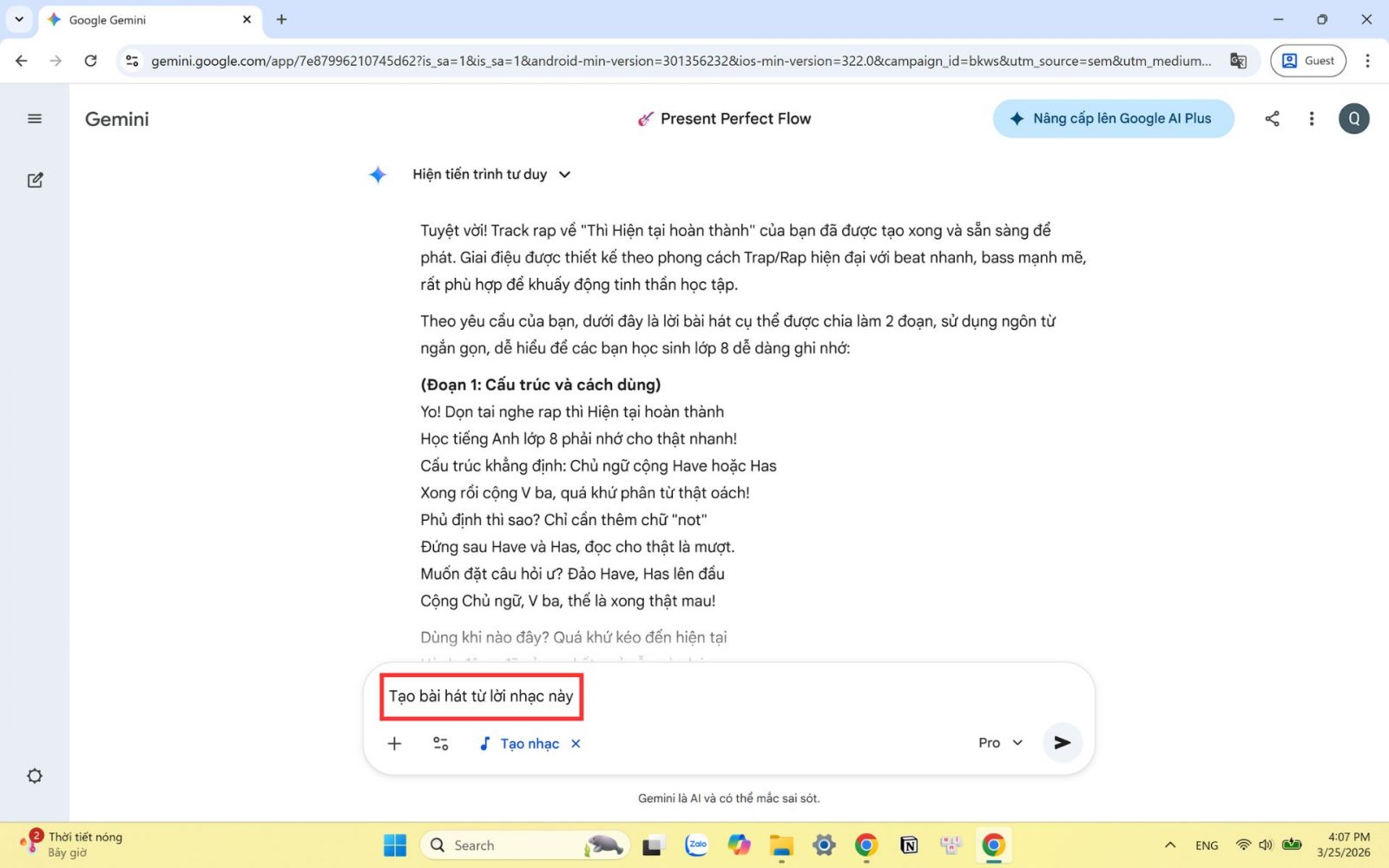 Hướng dẫn chi tiết cách biến bài học thành bài hát với Gemini