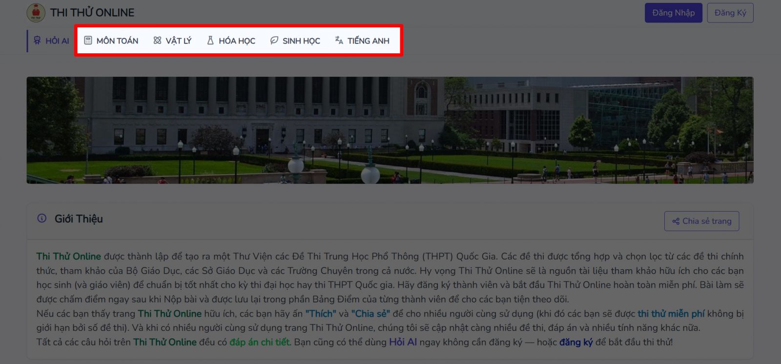 Web thi thử THPT Quốc gia 2026 miễn phí