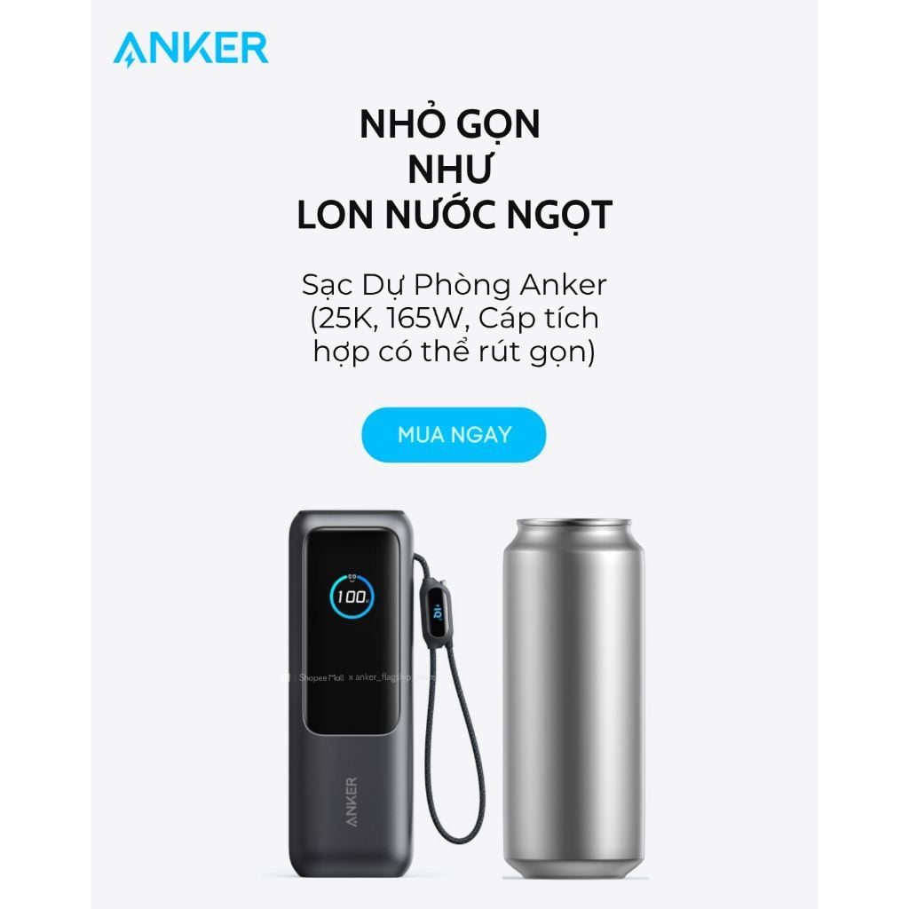Pin dự phòng Anker Zolo 25000mAh 165W 1C1A tích hợp cáp USB-C A1695
