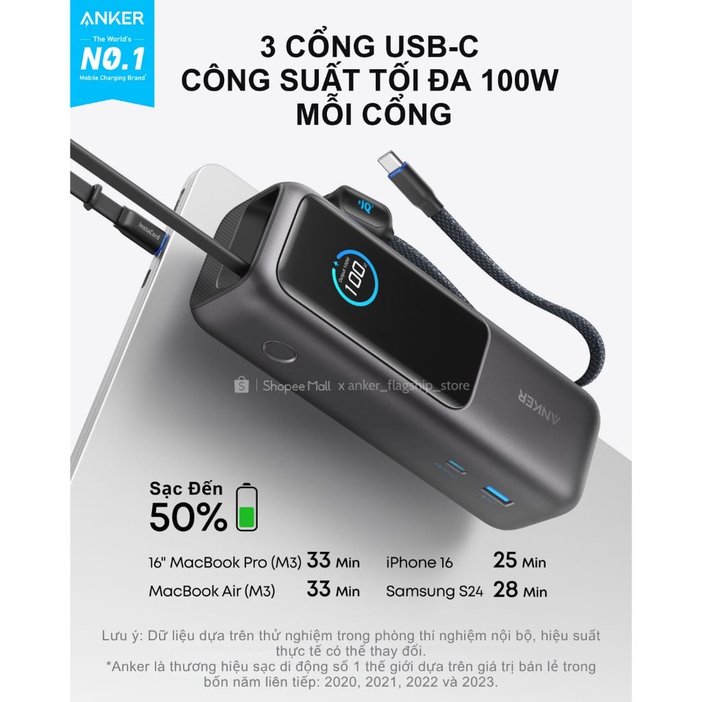 Pin dự phòng Anker Zolo 25000mAh 165W 1C1A tích hợp cáp USB-C A1695 Pin dự phòng Anker Zolo 25000mAh 165W 1C1A tích hợp cáp USB-C A1695