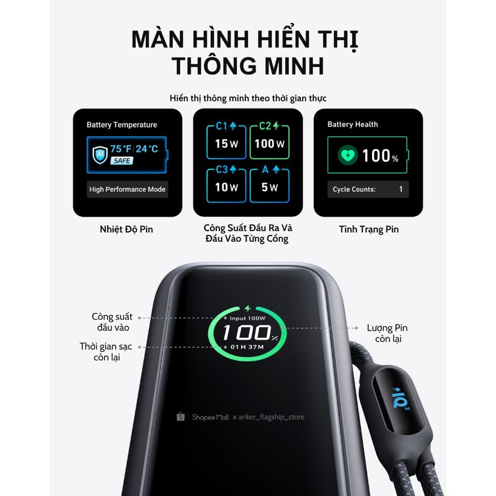 Pin dự phòng Anker Zolo 25000mAh 165W 1C1A tích hợp cáp USB-C A1695 Pin dự phòng Anker Zolo 25000mAh 165W 1C1A tích hợp cáp USB-C A1695