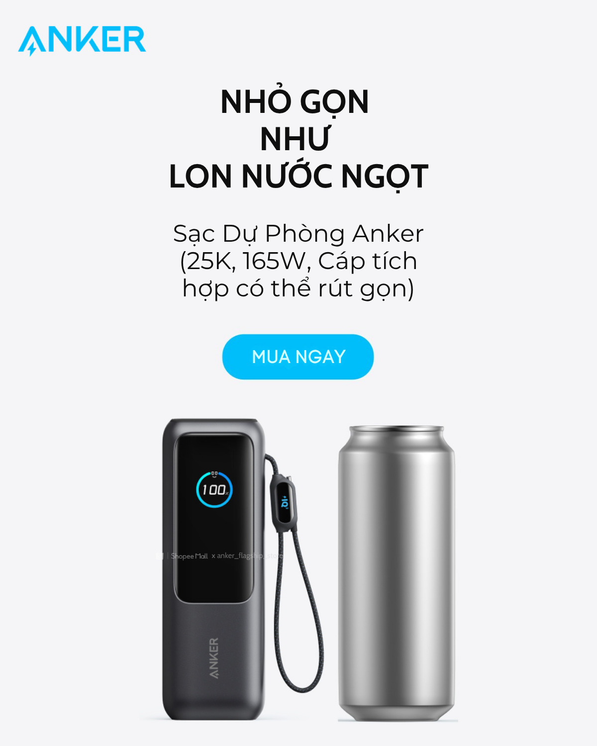 Pin dự phòng Anker Zolo 25000mAh 165W 1C1A tích hợp cáp USB-C A1695