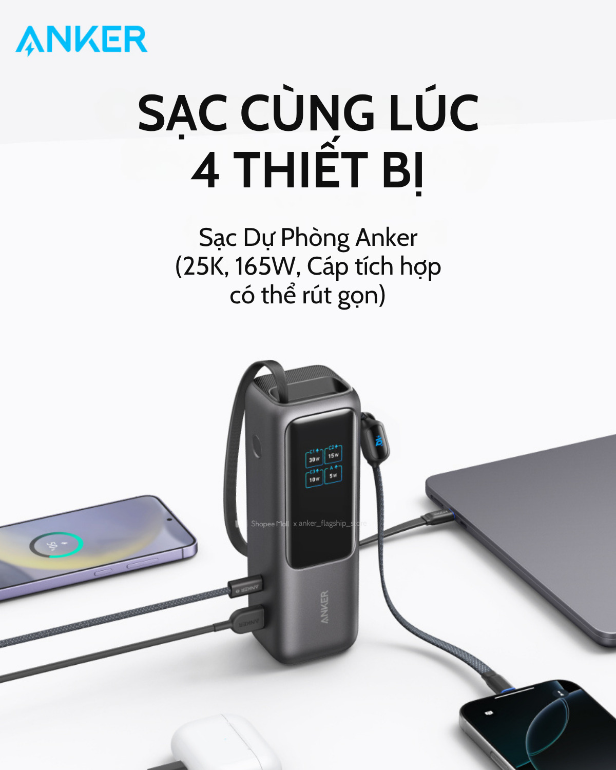 Pin dự phòng Anker Zolo 25000mAh 165W 1C1A tích hợp cáp USB-C A1695