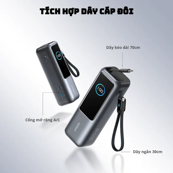 Pin dự phòng Anker Zolo 25000mAh 165W 1C1A tích hợp cáp USB-C A1695
