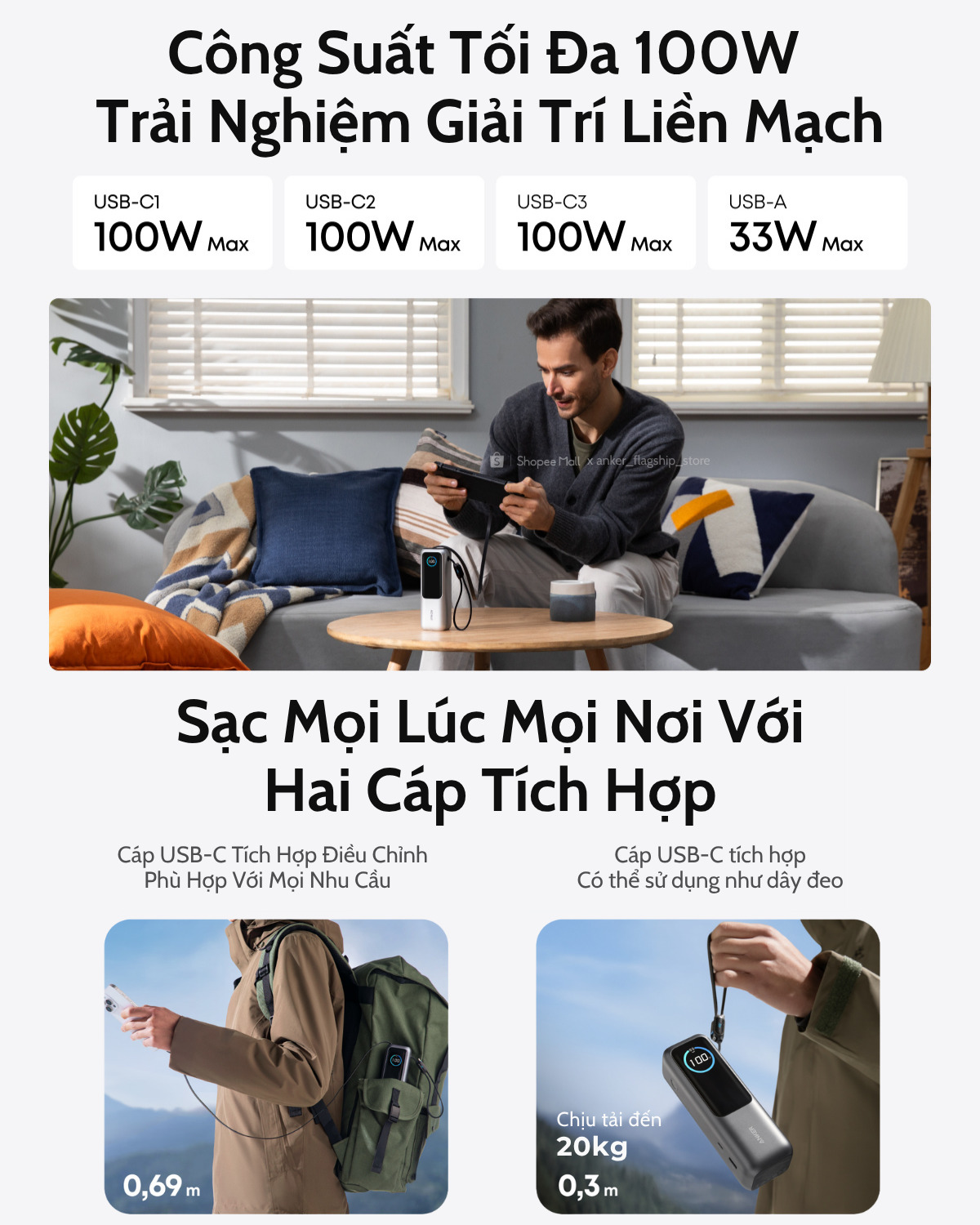 Pin dự phòng Anker Zolo 25000mAh 165W 1C1A tích hợp cáp USB-C A1695