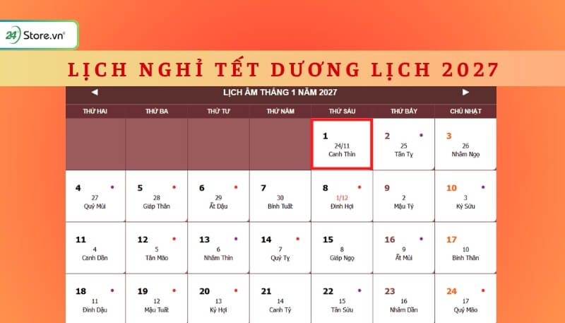 Lịch nghỉ Tết Dương lịch 2027