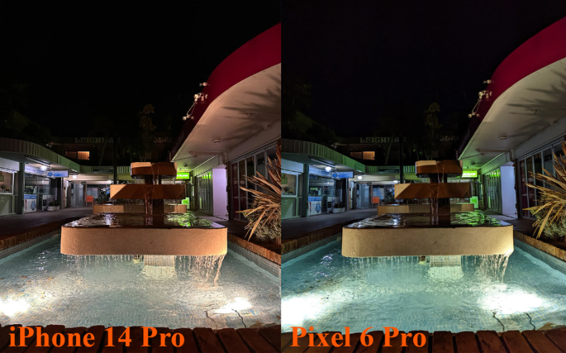 Ảnh chụp của iPhone 14 Pro và Pixel Pro 6 vào ban đêm