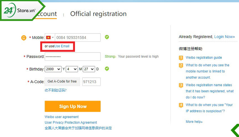 Cách đăng ký Weibo bằng email trên điện thoại