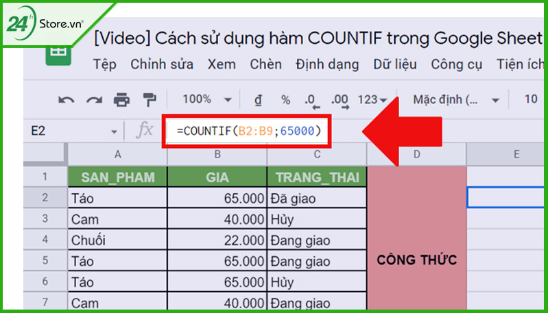 Sử dụng hàm đơn giản trong google sheet