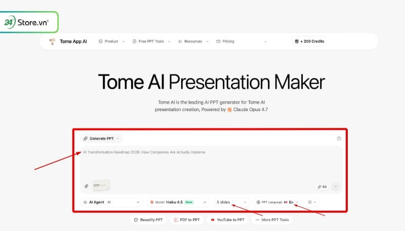 Nhập prompt vào Tome AI