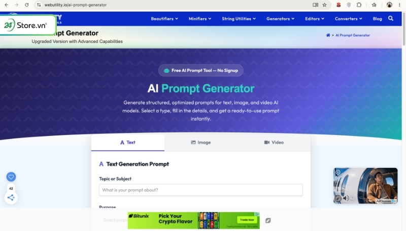 Công cụ AI tạo prompt WebUtility AI Prompt Generator