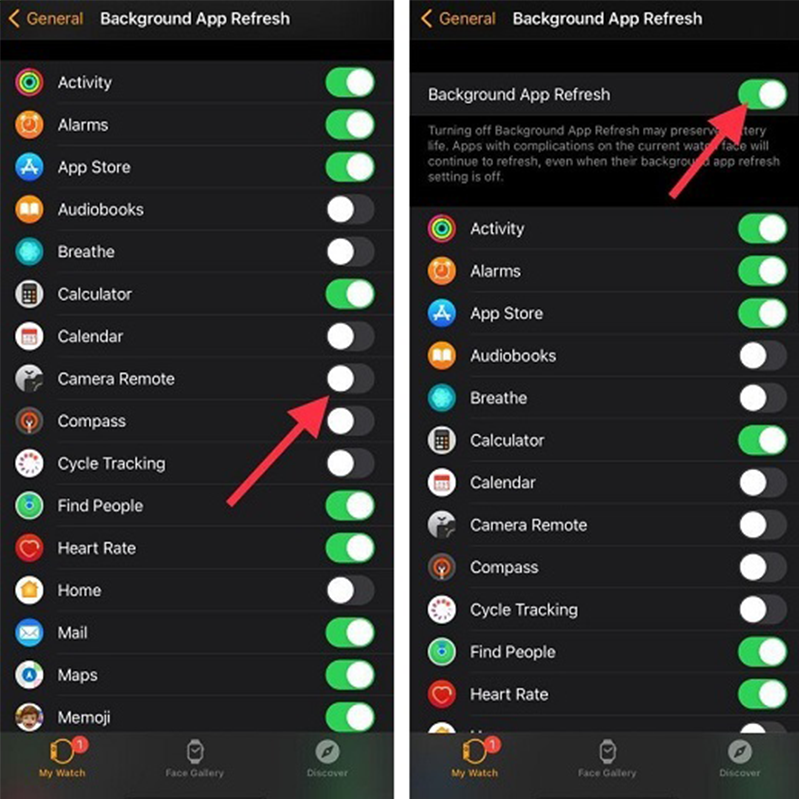 apple watch 4 Bật / Tắt Làm mới ứng dụng trong nền bằng ứng dụng đồng hồ trên iPhone