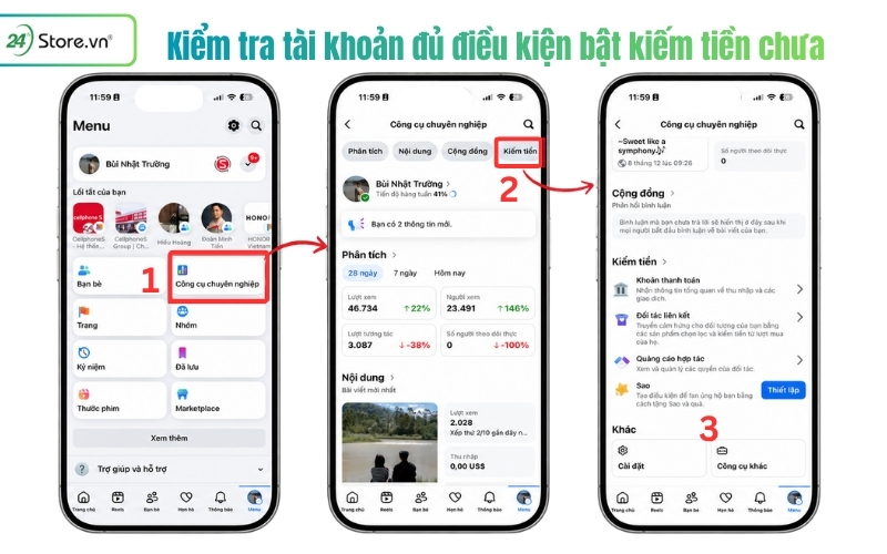 kiểm tra tài khoản facebook đủ điều kiện kiếm tiền chưa