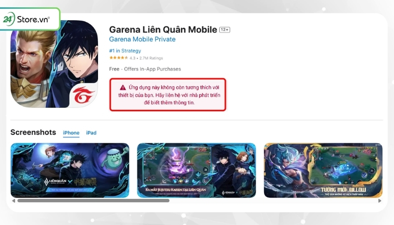 Liên Quân lỗi hoặc không tương thích với thiết bị