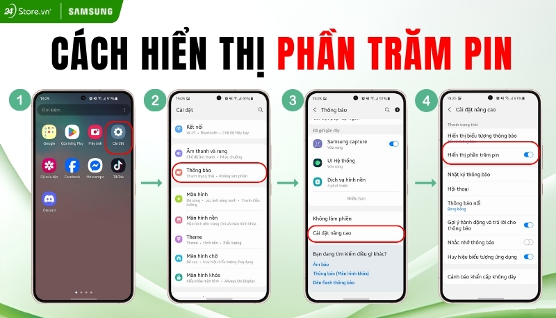 Cách hiển thị phần trăm pin trên Samsung đơn giản