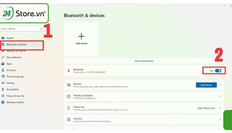 chọn vào Bluetooth and devices và tiến hành bật Bluetooth