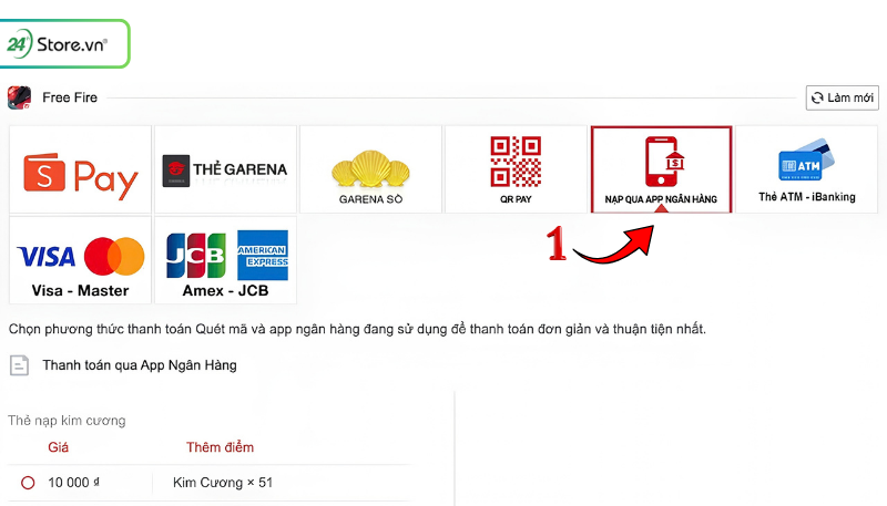 Cách nạp thẻ Garena qua app ngân hàng bước 1