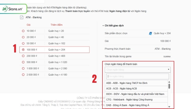 giao dịch liên quân bằng thẻ atm