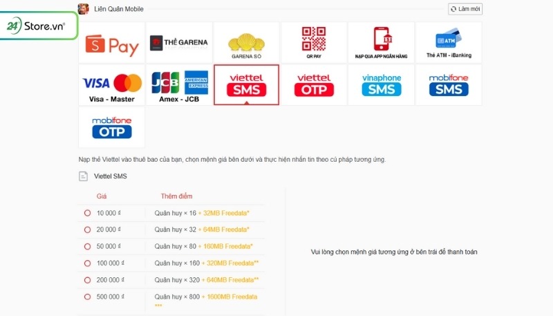 Gửi tin nhắn nạp quân huy liên quân