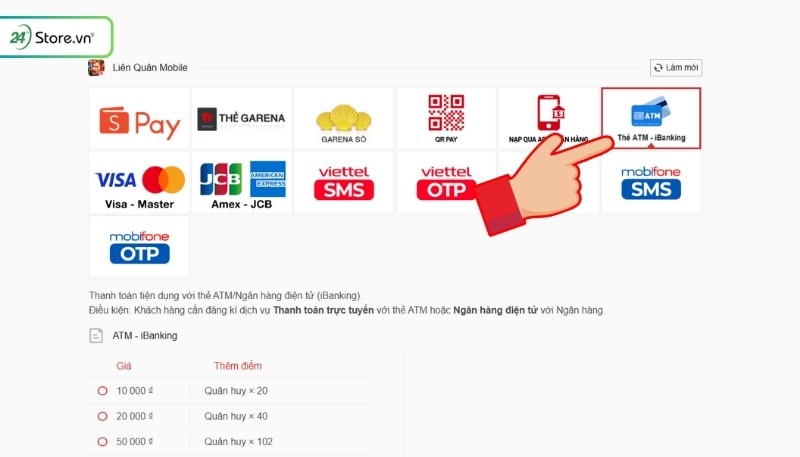 hướng dẫn thanh toán liên quân qua atm ngân hàng