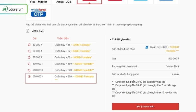 Nạp quân huy liên quân bằng SMS viettel, mobifone, vinaphone