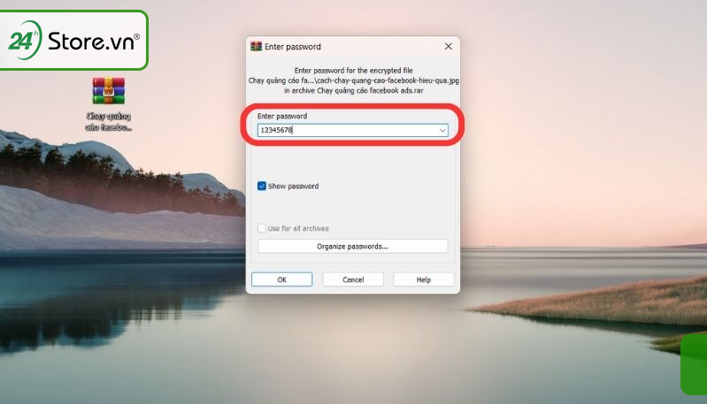 Nhập mật khẩu của file nén và chọn OK