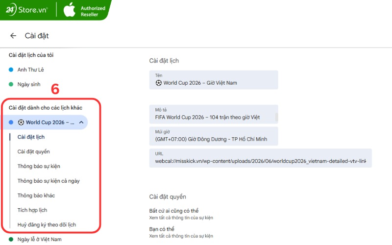 cách thêm lịch world cup 2026 bằng ứng dụng Google Calendar 