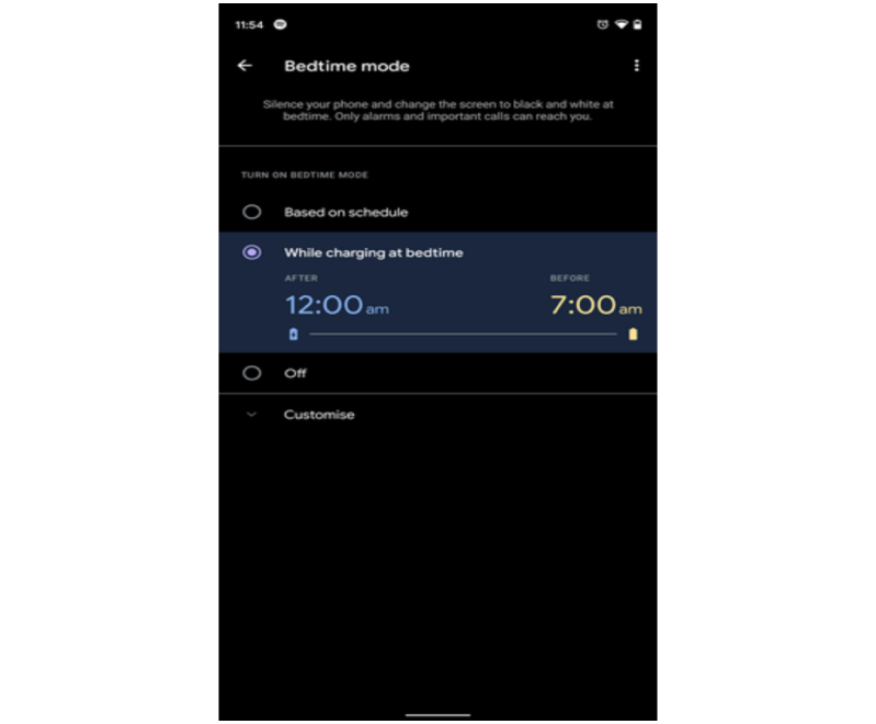 màn hình tinh chỉnh chế độ giờ đi ngủ trên Android