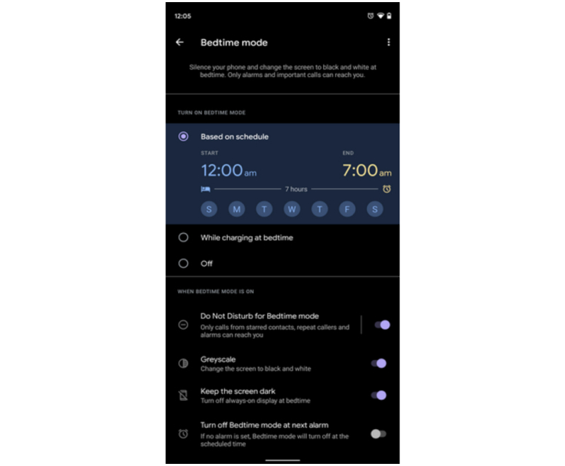 màn hình tinh chỉnh chế độ giờ đi ngủ trên android