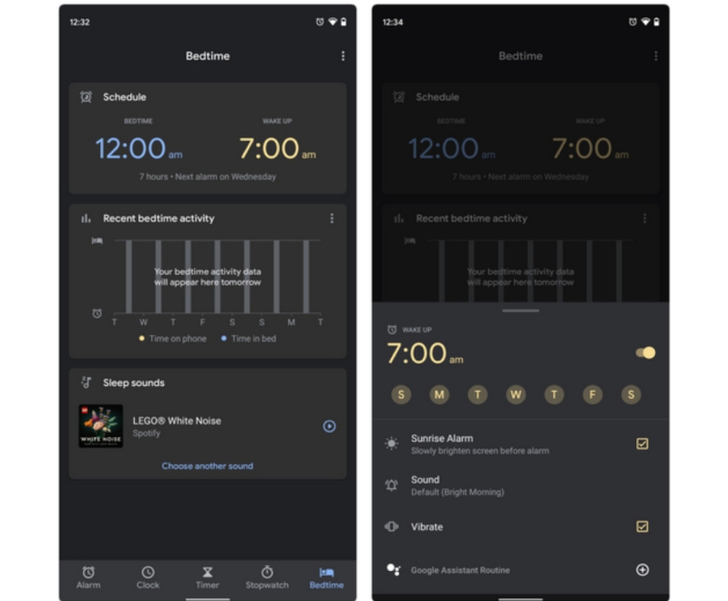 màn hình tinh chỉnh chế độ giờ đi ngủ với google clock