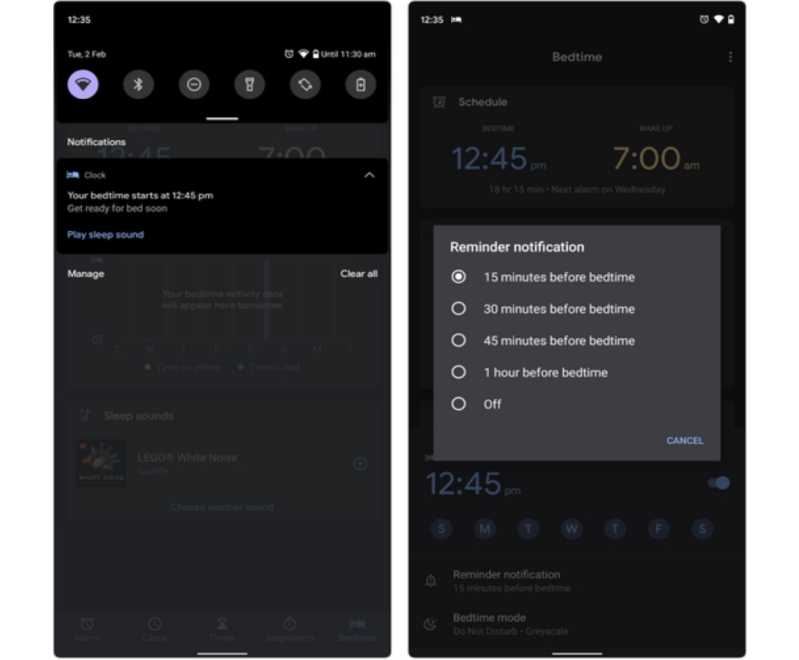 màn hình chỉnh giờ trong chế độ giờ đi ngủ trên Android