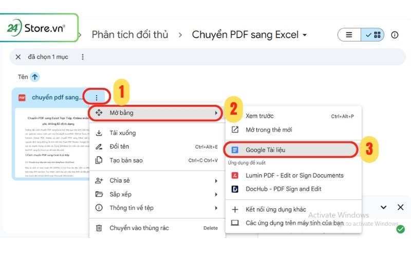 chuyển pdf sang excel trực tiếp bằng google driver