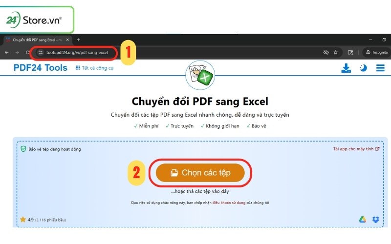 chuyển pdf sang excel bằng pdf24 tools