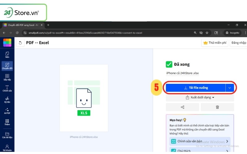 chuyển pdf sang excek miễn phí bằng smallpdf