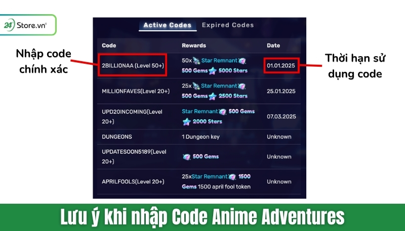 Lưu ý khi nhập Code Anime Adventures
